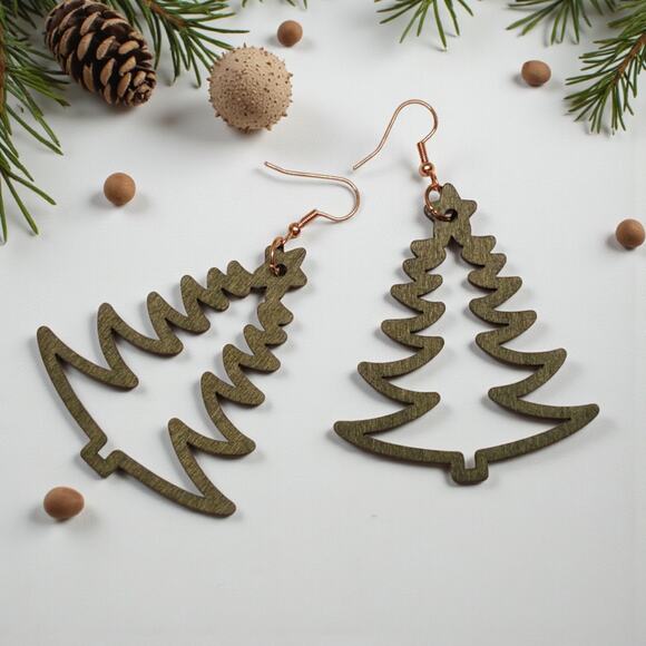 Green Wood Christmas Tree Earrings - Picture 2 of 8